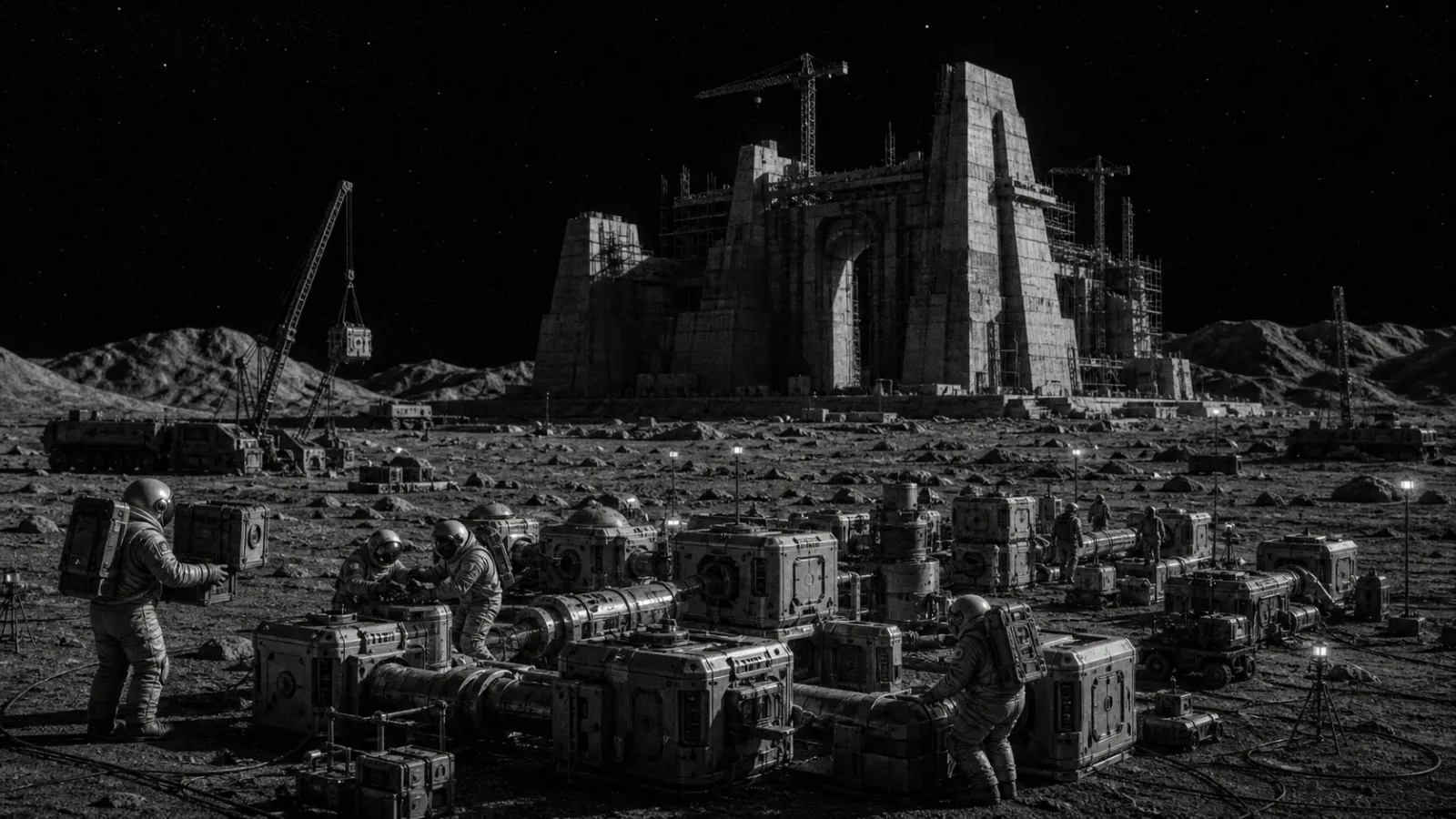 A black-and-white lunar construction site contrasting an abandoned monument with modular base-building