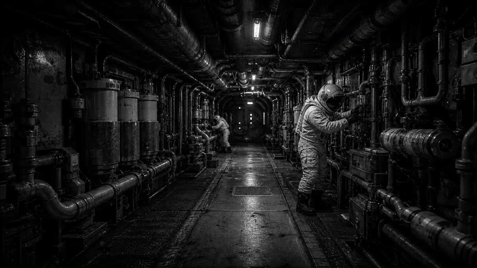 A black-and-white lunar maintenance corridor where astronauts service quiet infrastructure