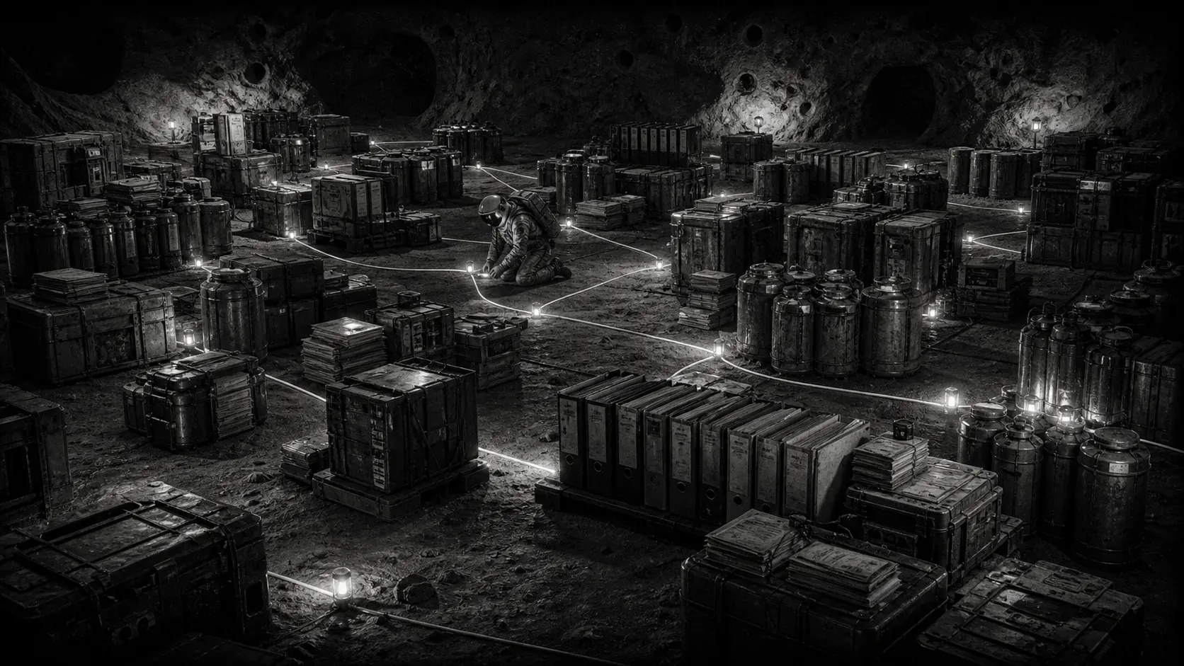 A connected operating map with bright points of context across a dark field
