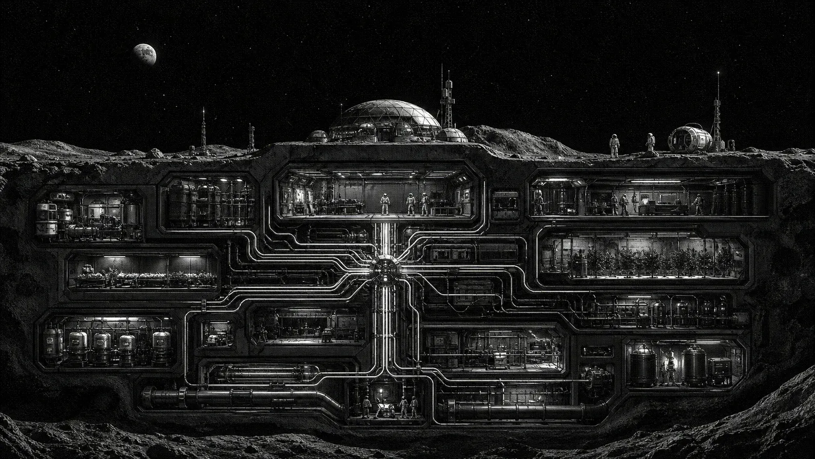 A black-and-white cutaway of a connected moon base operating system