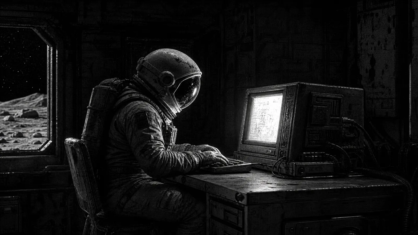 A black-and-white astronaut working at a rugged computer in a gritty lunar workstation