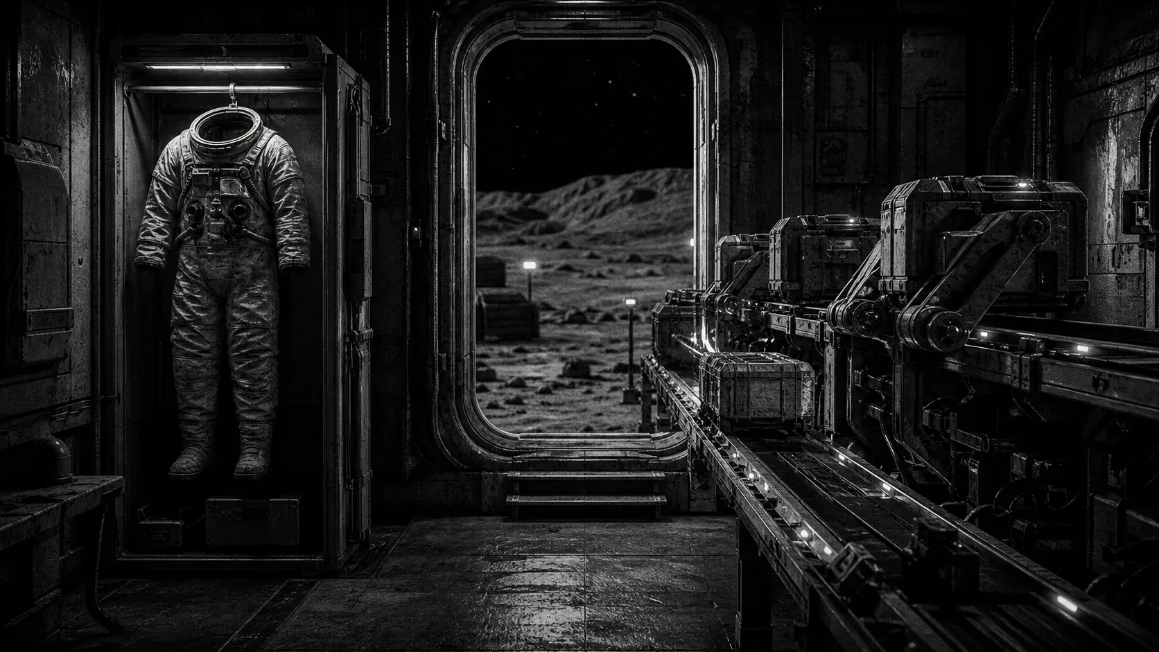 A black-and-white lunar airlock with an empty suit beside an autonomous workflow mechanism
