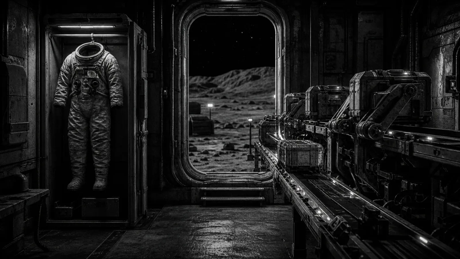 A black-and-white lunar airlock with an empty suit beside an autonomous workflow mechanism