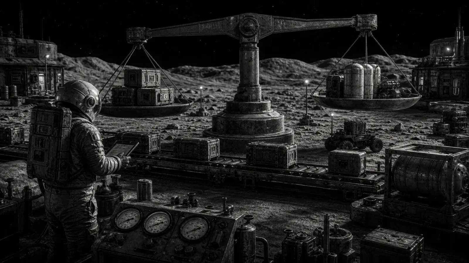 A black-and-white lunar logistics depot measuring resource flow on an industrial scale