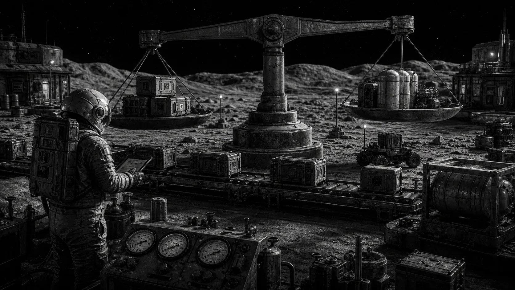 A black-and-white lunar logistics depot measuring resource flow on an industrial scale