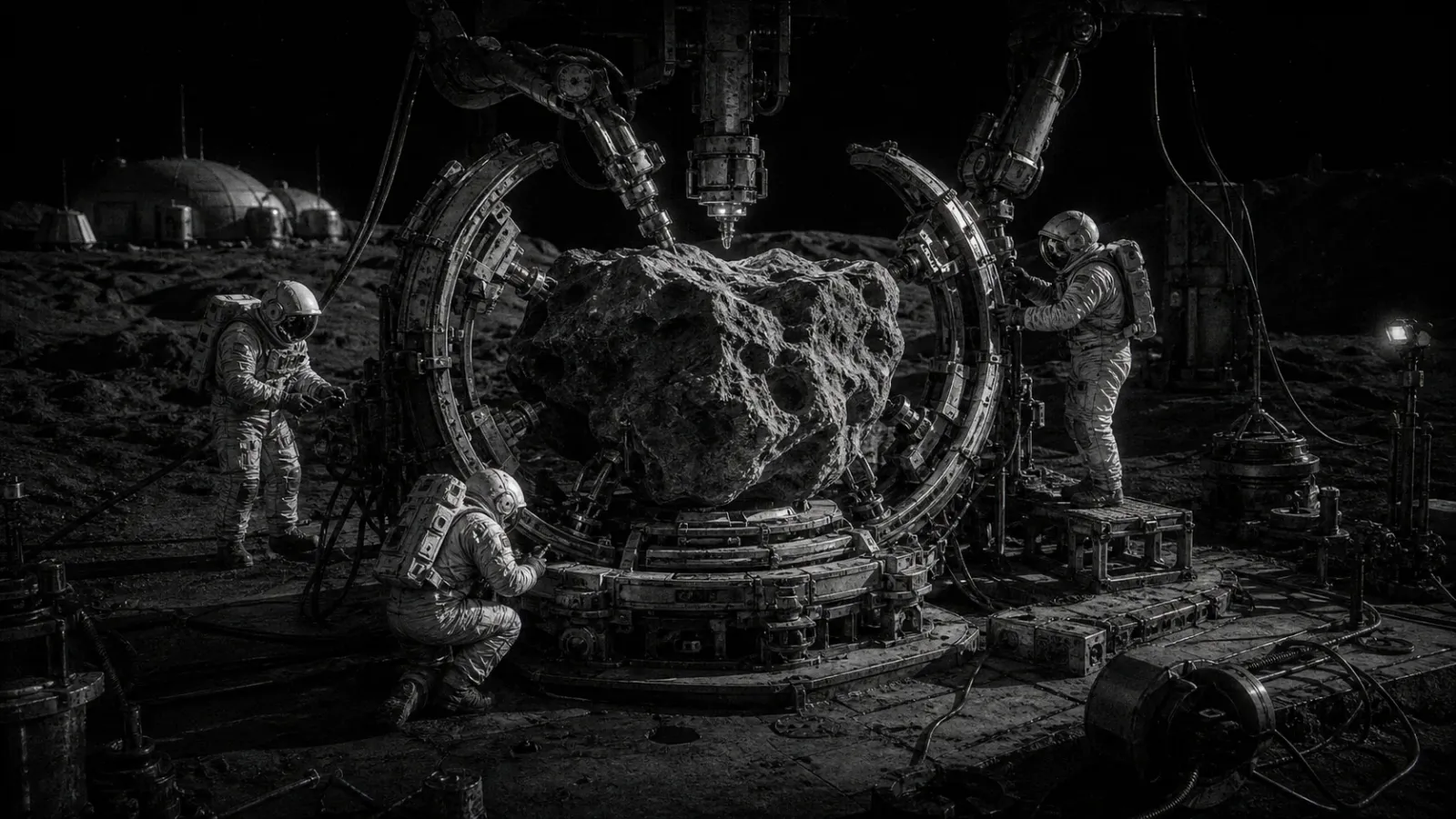 A black-and-white lunar workshop where astronauts build a custom machine around an irregular core