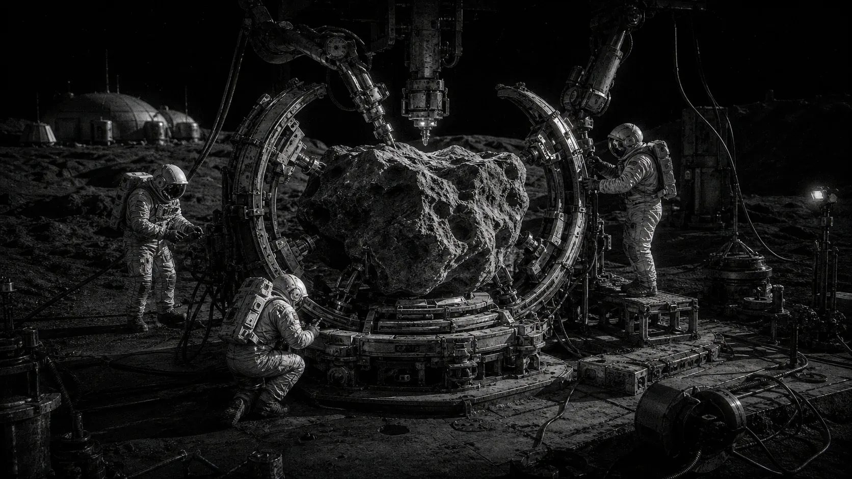 A black-and-white lunar workshop where astronauts build a custom machine around an irregular core