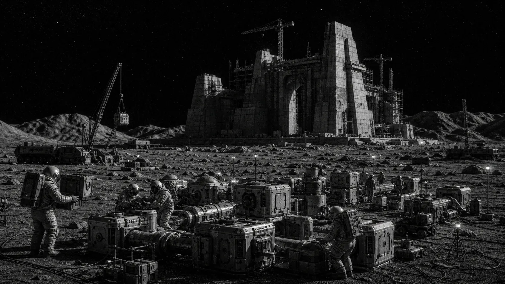 A black-and-white lunar construction site contrasting an abandoned monument with modular base-building
