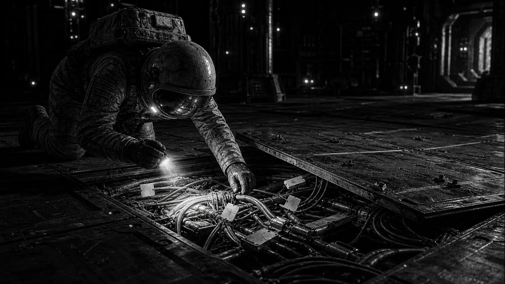 A black-and-white astronaut tracing tangled moon-base cables beneath a floor panel